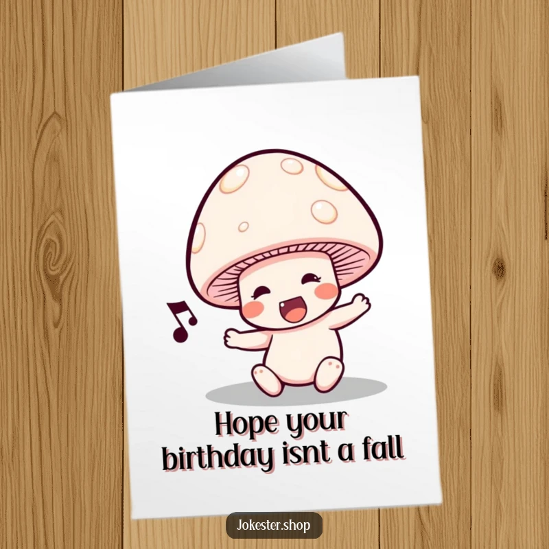 Funny Free Printable Birthday Card: Singing mushroom character tripping over its cap, hilarious DIY gift.