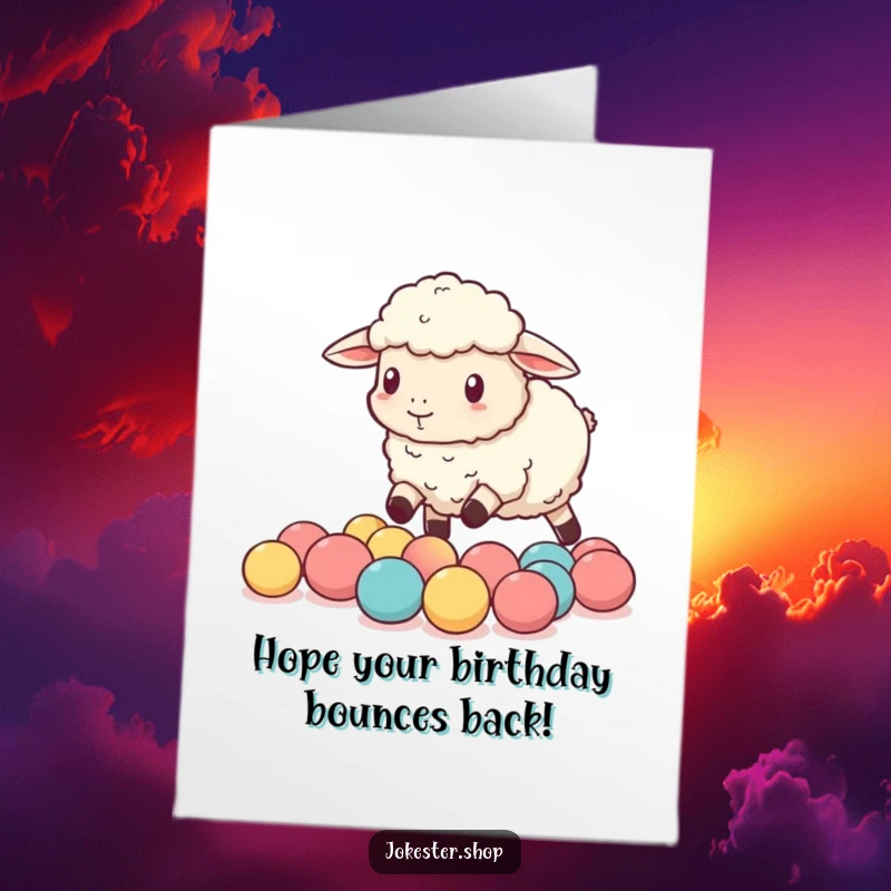 Funny Free Printable Birthday Card showing a sheep comically trying to herd tiny bouncy balls, full of energetic celebration.