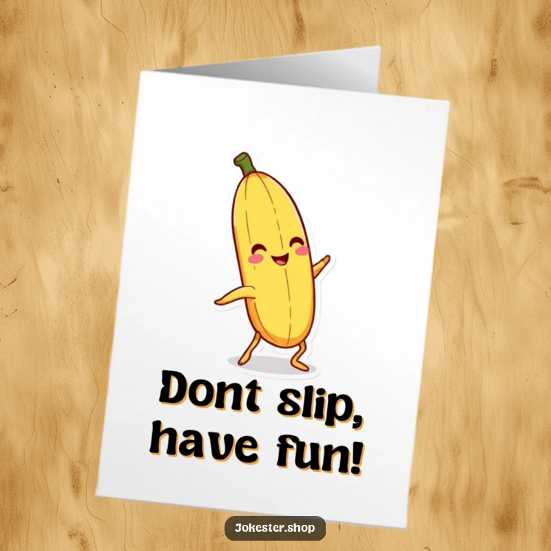 Funny Free Printable Birthday Card: Smiling banana peel with legs hilariously slipping on itself.