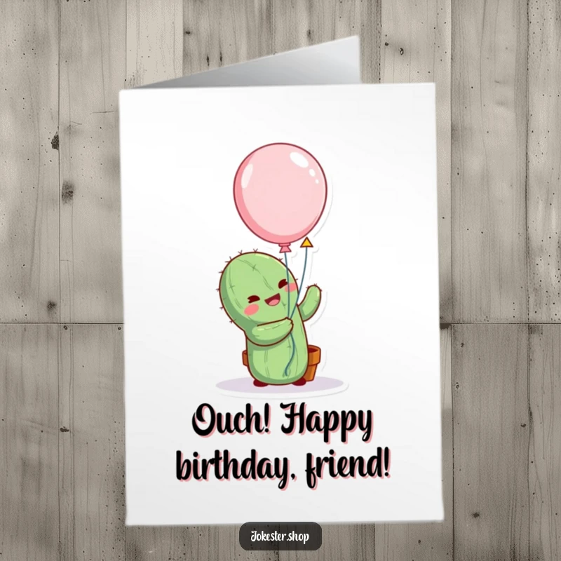 Funny free printable birthday card: Cactus comically attempting to hug a rogue balloon, a hilarious downloadable greeting.