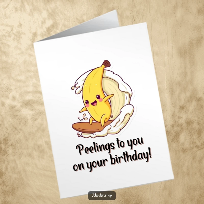 Funny Free Printable Birthday Card: A happy banana character bravely attempts to surf a creamy wave.