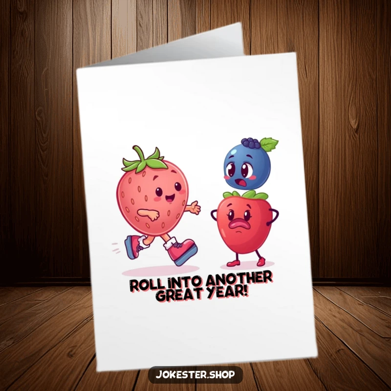 Funny Free Printable Birthday Card: A plump strawberry on roller skates whizzes past a bewildered blueberry, celebrating a birthday with speed.