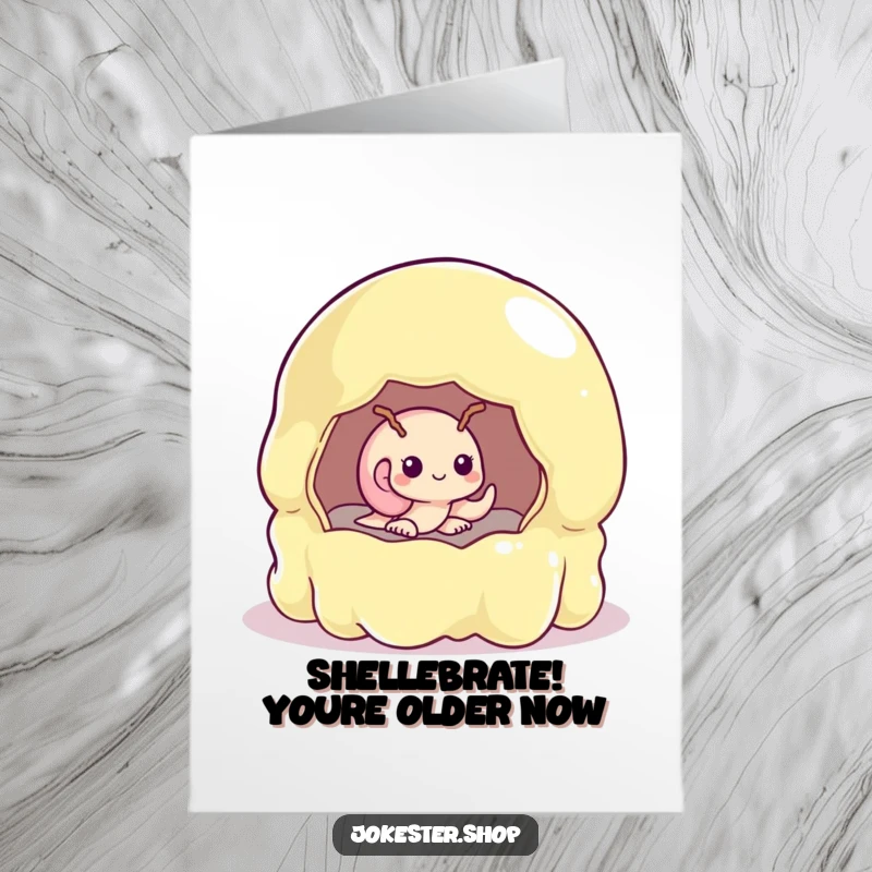 Funny Free Printable Birthday Card: Shy snail peeking from a giant wobbly jelly mold, an adorable and humorous downloadable.