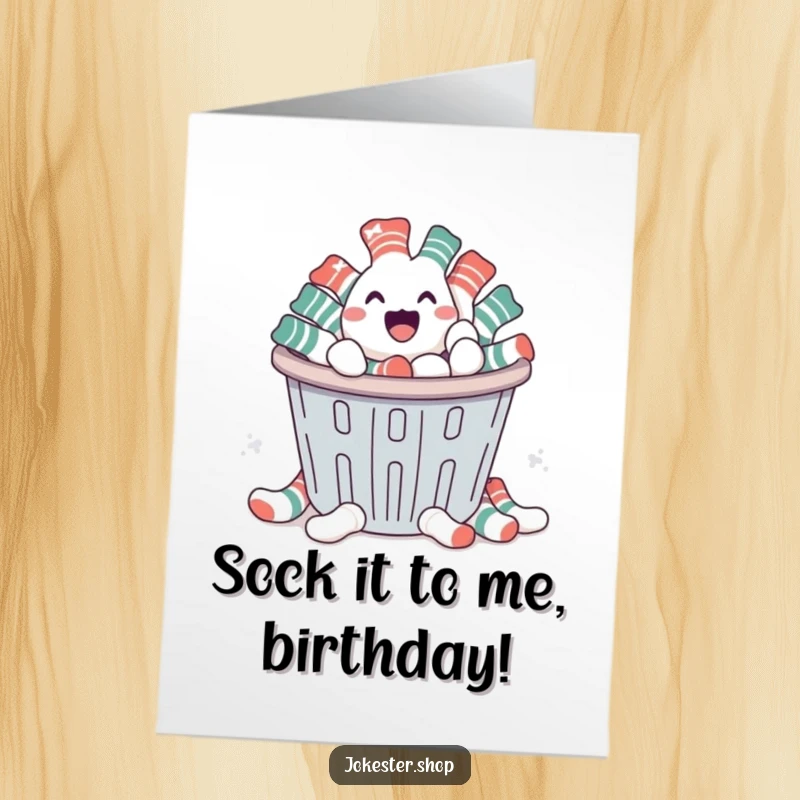 Funny Free Printable Birthday Card: Smirking pile of socks escaping a laundry basket with birthday balloons.