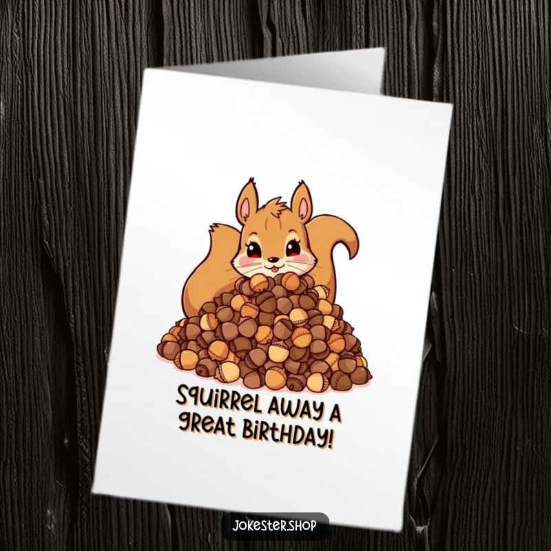 Funny Free Printable Squirrel Birthday Card showing a mischievous squirrel hoarding a huge pile of acorns.