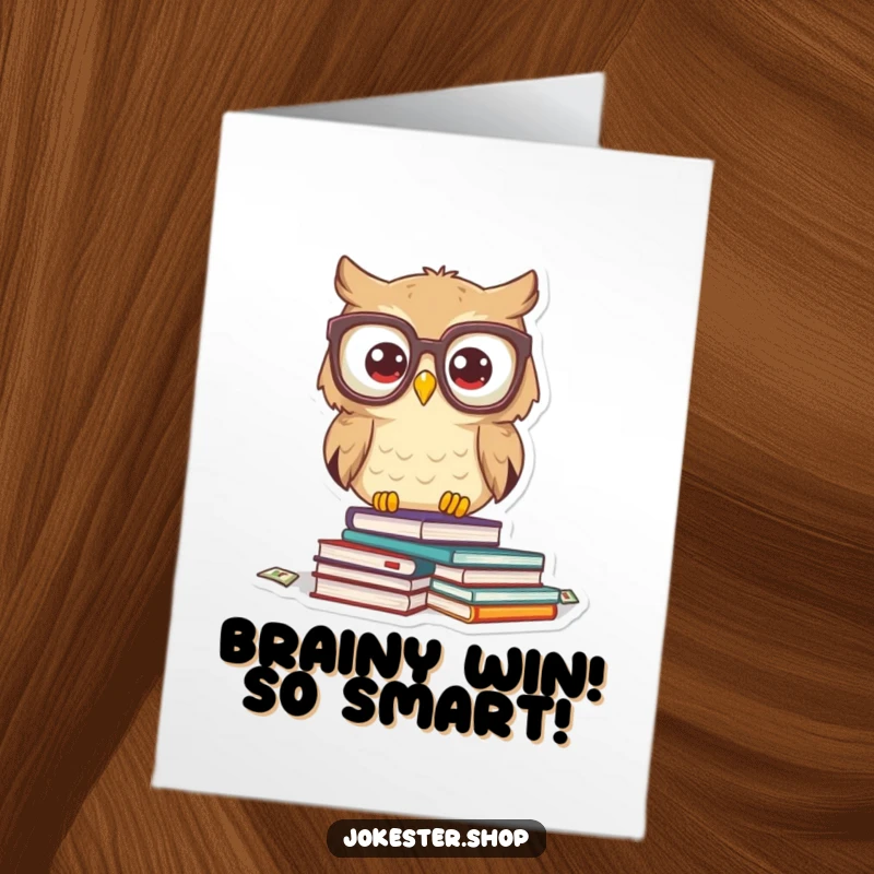 Funny free printable congratulations card featuring a startled owl wearing huge glasses and dropping a pile of books, symbolizing a brainy surprise.