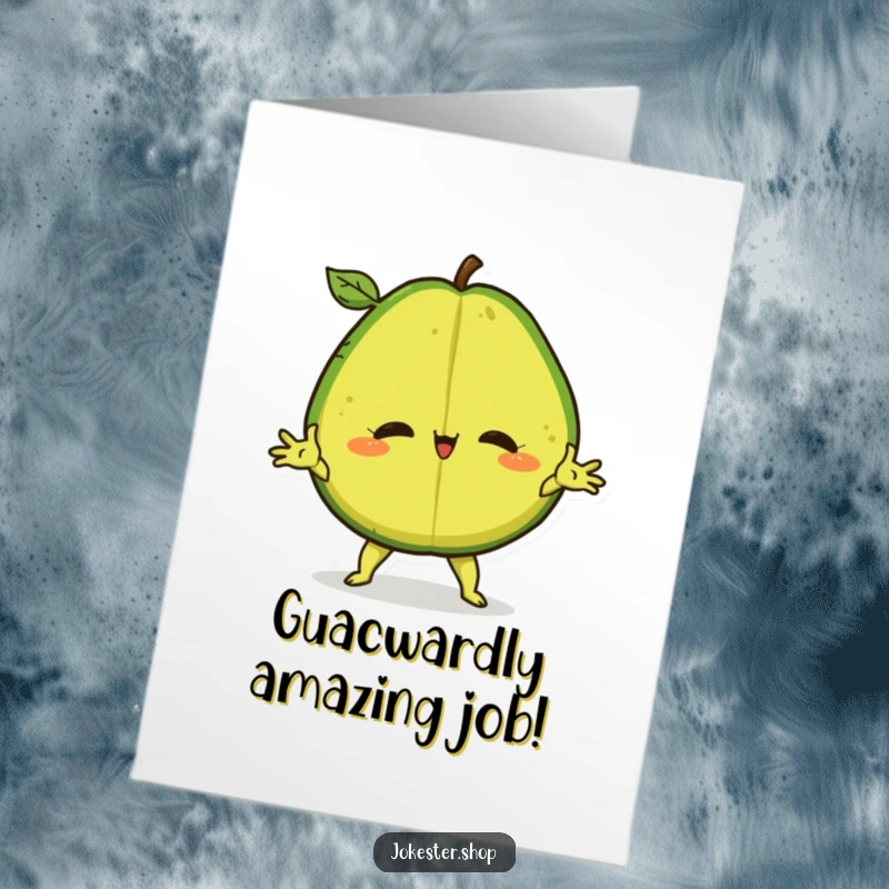 Funny Free Printable Congratulations Card with a flexible avocado performing a split, conveying extreme excitement and triumph.