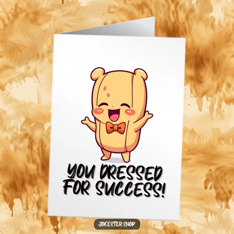 Funny Free Printable Congratulations Card: A giggling hot dog wearing a bow tie, dancing to celebrate your amazing achievement.
