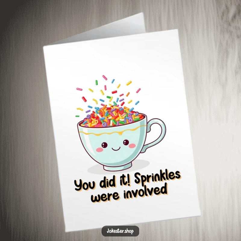 Funny Free Printable Congratulations Card: A teacup brimming with vibrant, dancing sprinkles, celebrating success.
