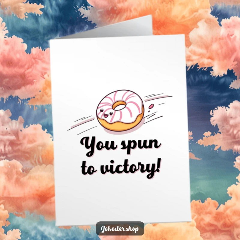 Funny Free Printable Congrats Card: Cheerful donut with stripes rolling fast downhill, downloadable art.