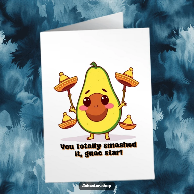 Funny Free Printable Congratulations Card: A determined avocado is expertly juggling three miniature sombreros, looking quite pleased.