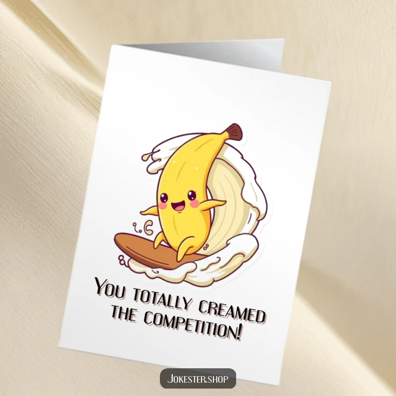 Funny Free Printable Congratulations Card: A happy banana surfs a wave of cream to celebrate.
