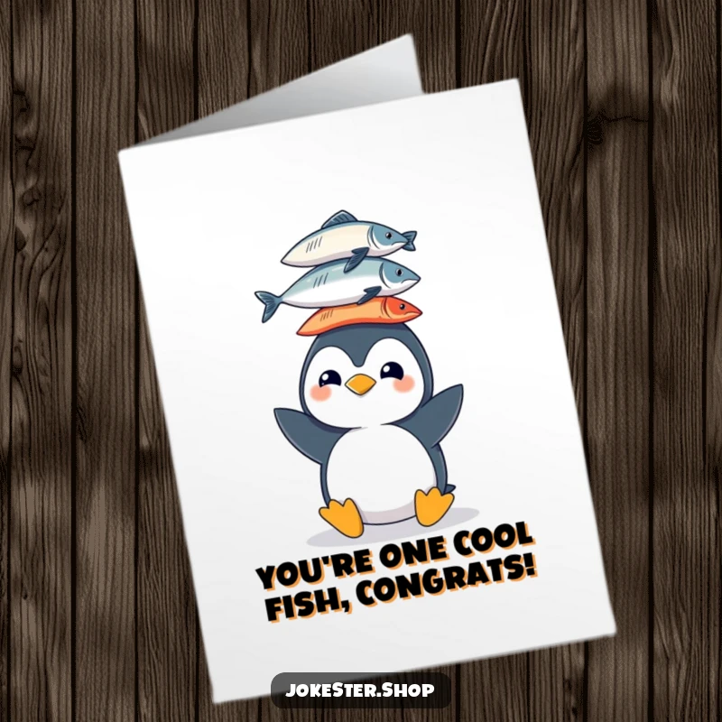 Funny Free Printable Congratulations Card: A cheerful penguin wobbles slightly while balancing a precarious stack of fish on its head.