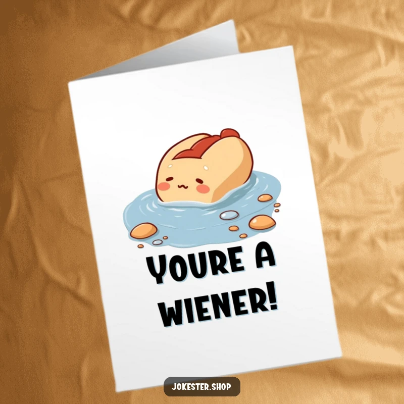 Funny Free Printable Congrats Card: Bewildered hot dog trying to swim in a puddle, downloadable art.