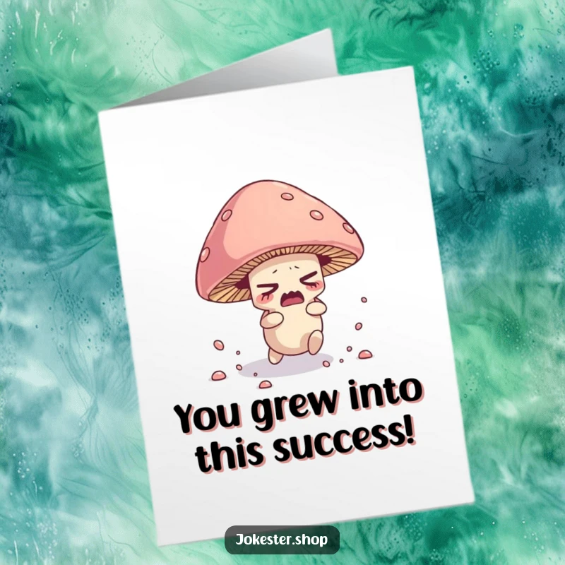 Funny Free Printable Congratulations Card: Nervous mushroom tripping over its cap, scattering spores in a comical congratulatory message.