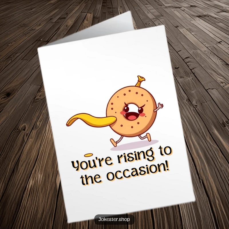 Funny Free Printable Congratulations Card: Banana peel successfully trips a walking bagel character, creating a comical scene.