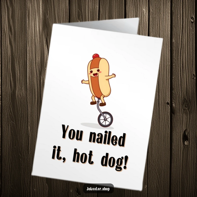 Funny Free Printable Congratulations Card: Hot dog character celebrating success by balancing on a unicycle.