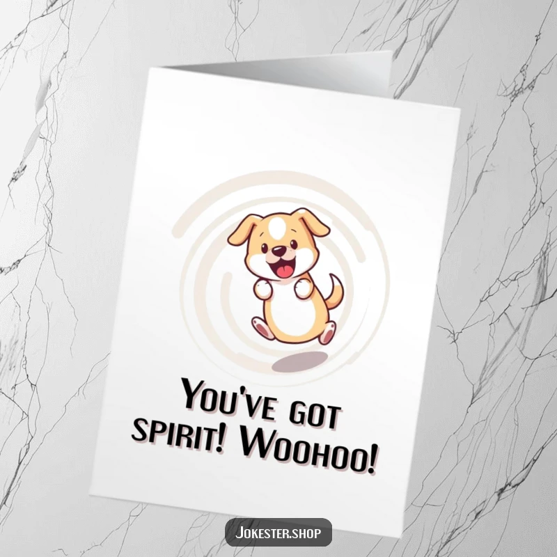 Funny Free Printable Congratulations Card: Bewildered dog spinning in a dizzy spiral chasing its tail.