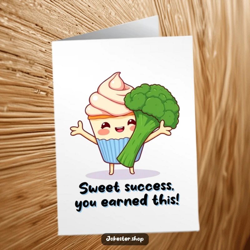 Funny Free Printable Congrats Card: Happy cupcake with outstretched frosting arms trying to hug a grumpy broccoli, conveying congratulations humorously.