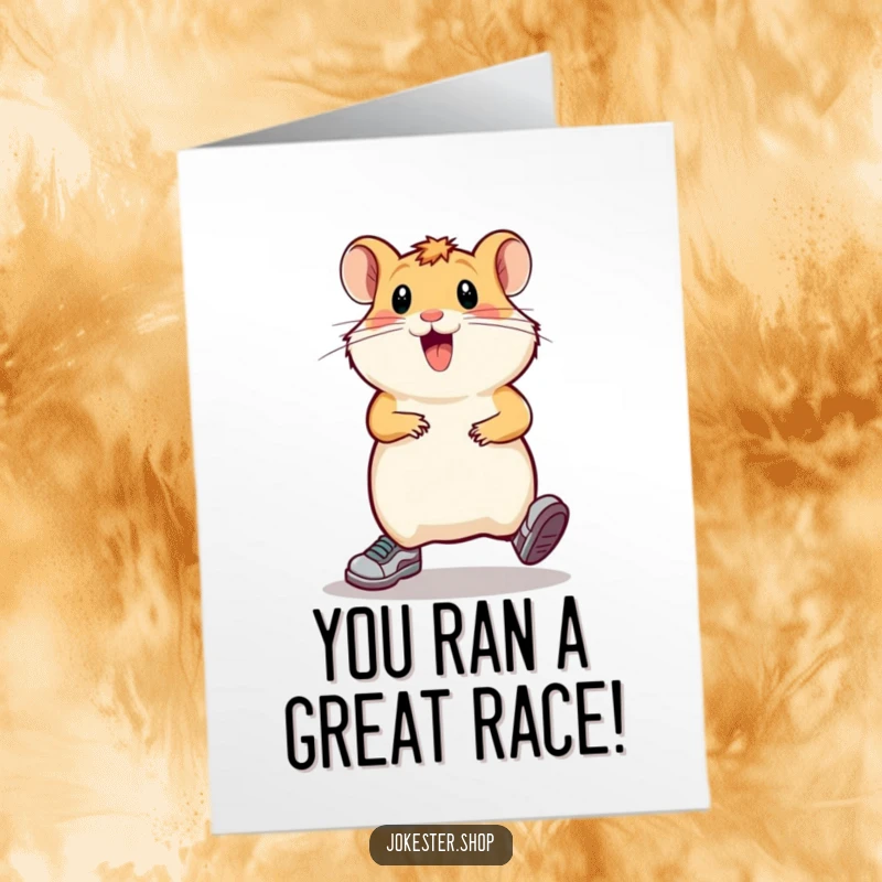 Funny Free Printable Congratulations Card featuring a hamster comically sprinting in place, celebrating achievements with energy.