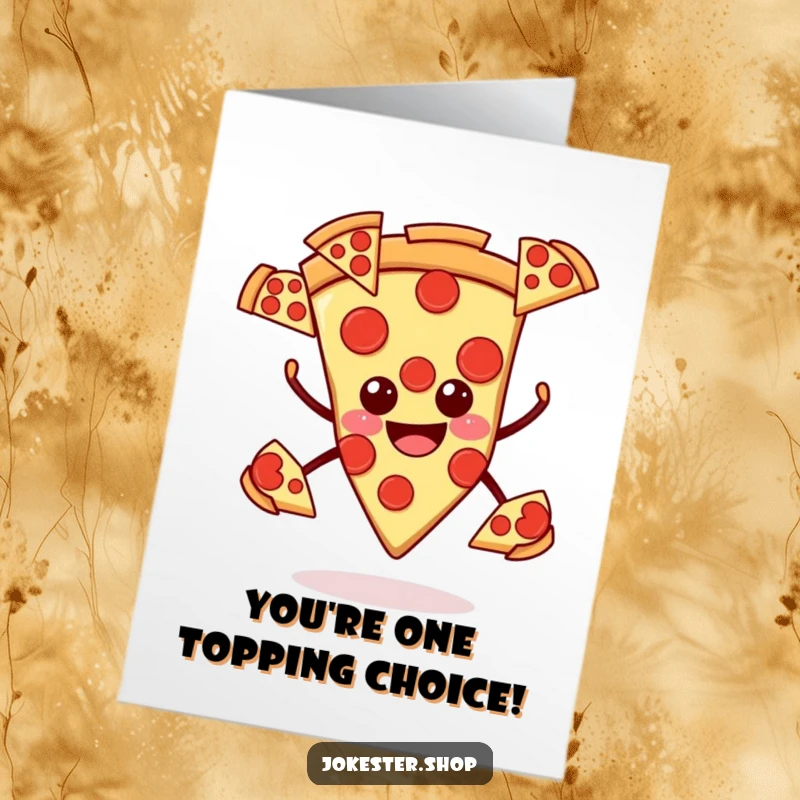 Funny Free Printable Congratulations Card: Smiling pizza slice juggling pepperoni, celebrating a successful moment.