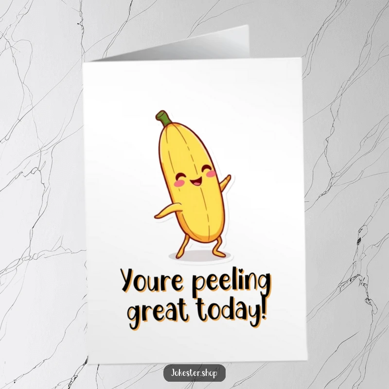 Funny Free Printable Congrats Card: Banana peel character slipping on itself with a big smile.