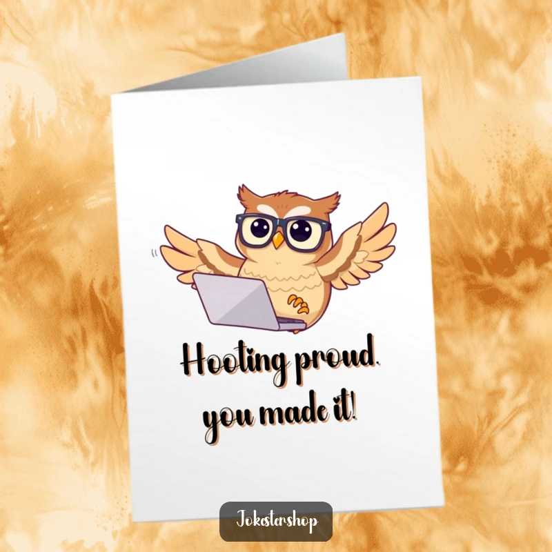 Funny Free Printable Congratulations Card: A confused owl in glasses tries to fly with a laptop, symbolizing a humorous challenge overcome.