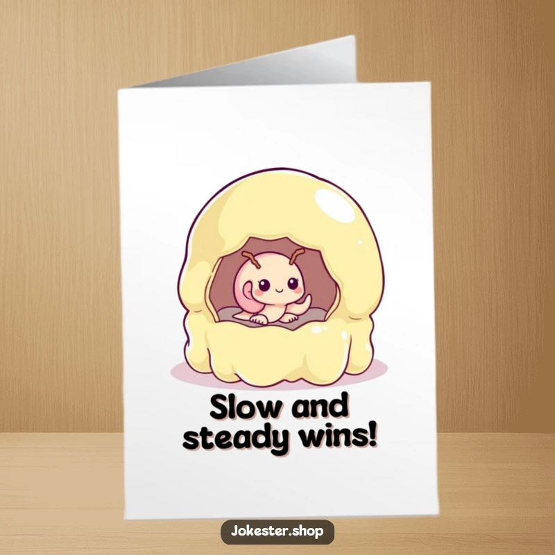 Free Printable Congratulations Card: A shy snail awkwardly in a huge jelly mold, a funny downloadable for any congratulatory moment.