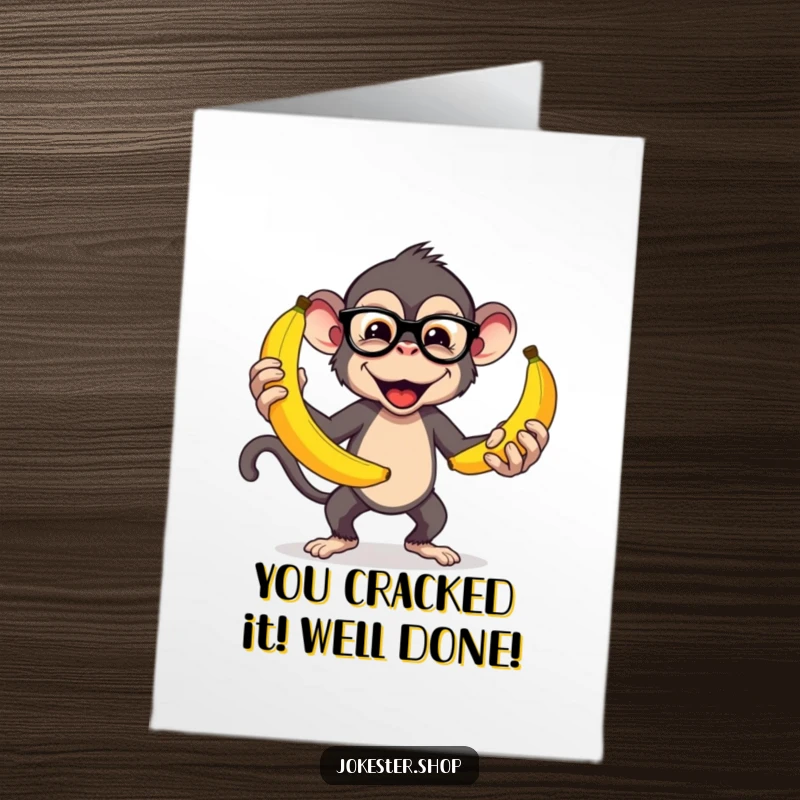 Funny Free Printable Congratulations Card: Spectacled monkey expertly juggles large bananas, a symbol of skill.