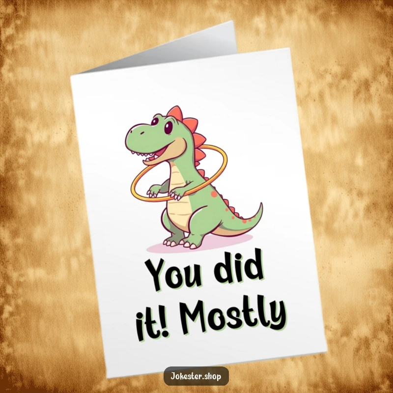 Funny Free Printable Congratulations Card: Clumsy dinosaur spins hula hoop, falls over, a relatable moment of triumph.