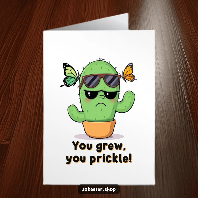 Free Printable Congratulations Card: A grumpy cactus wearing sunglasses is annoyed by a butterfly, a humorous congrats.