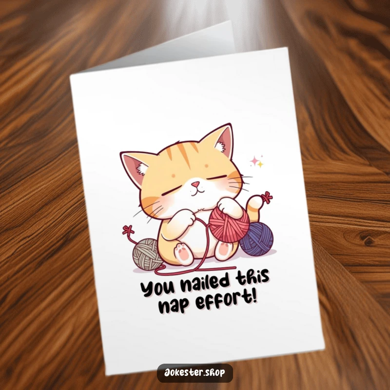Funny Free Printable Congratulations Card: Sleepy cat struggling to juggle yarn, then falling asleep, humorously marking an achievement.