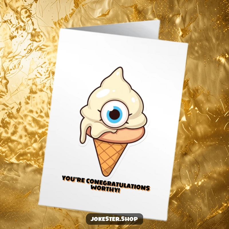 Funny Free Printable Congrats Card: Confused melting ice cream cone with a giant eye, perfect for congratulating with a laugh.