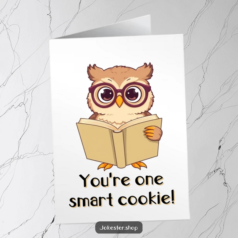 Funny Free Printable Congrats Card: An owl wearing oversized glasses looks baffled by a giant book.
