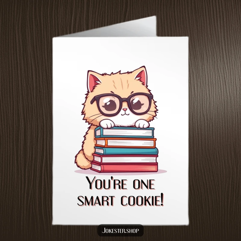 Funny Free Printable Congratulations Card: Fluffy cat with glasses attempts to balance books, celebrating smarts.