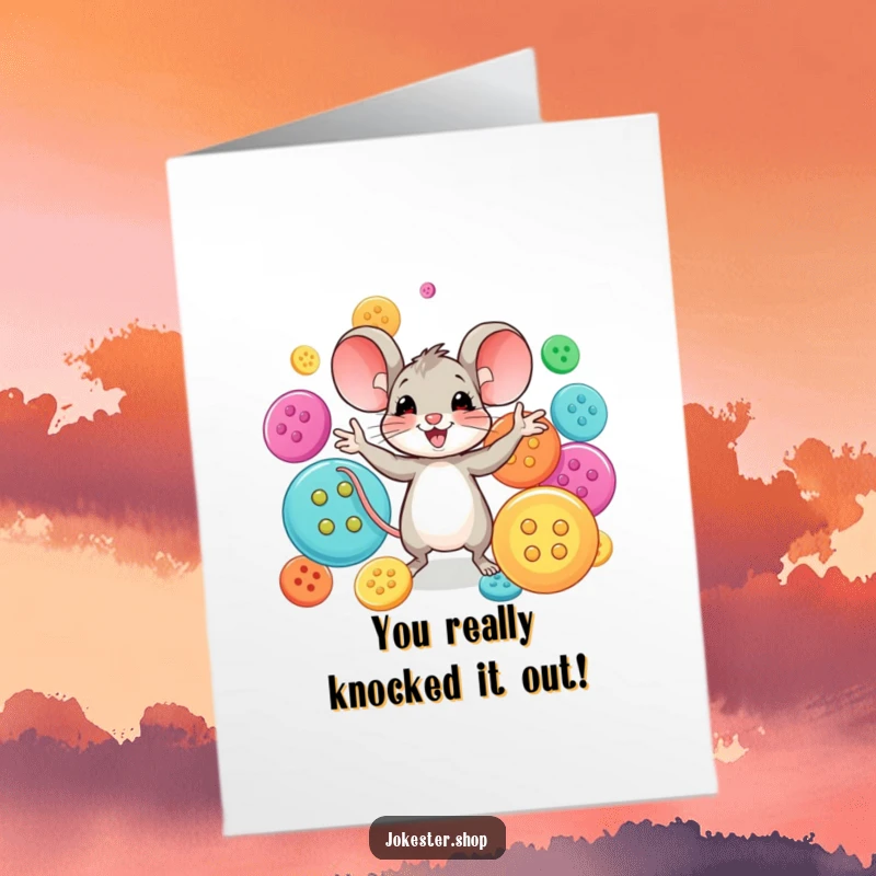 Funny free printable congratulations card of a happy mouse expertly juggling a variety of oversized, colorful buttons with great flair.