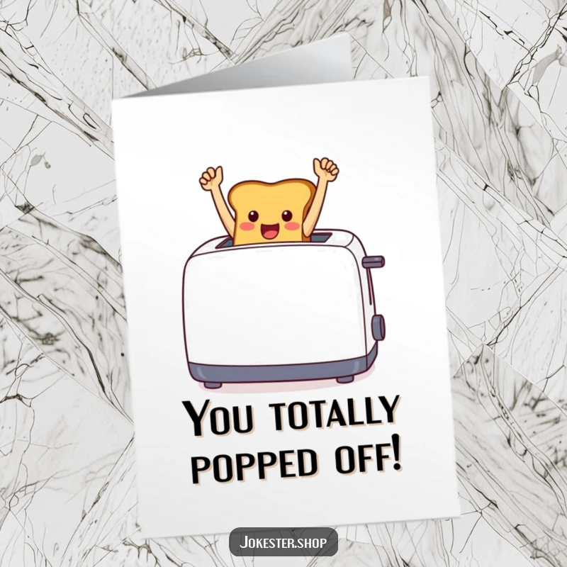 Free Printable Congratulations Card: A happy toast jumping out of a toaster, celebrating a win with raised arms, a downloadable.
