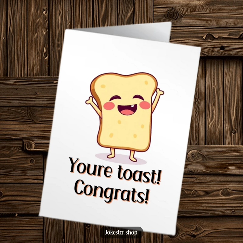 Funny Free Printable Congratulations Card: Giggling toast slice attempts a handstand, wobbling precariously, full of effort.