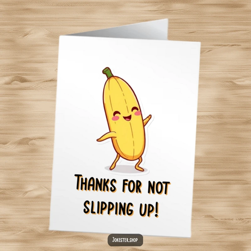 Funny Free Printable Thank You Card: Banana peel with legs slipping, showing thanks with a grin.