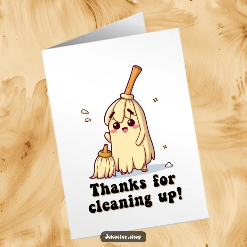 Funny Free Printable Thank You Card: A broom looking confused while trying to sweep its own handle and bristles.