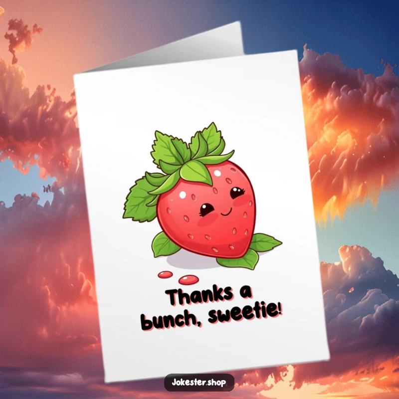 Funny Free Printable Thank You Card featuring a blushing strawberry tripping slightly over its leaves, conveying sweet gratitude.