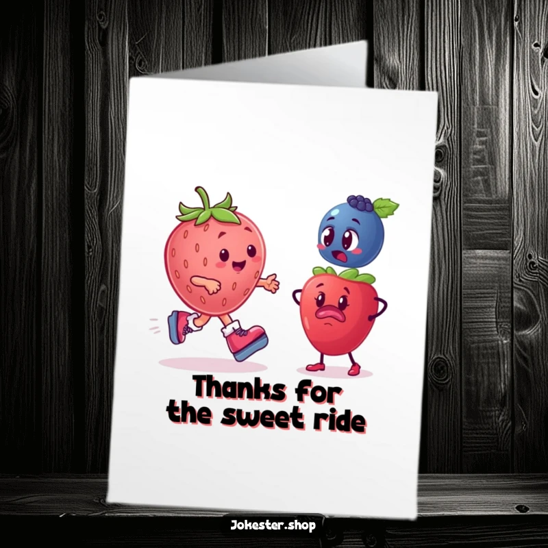 Funny Free Printable Thank You Card: A plump strawberry on roller skates zooms past a bewildered blueberry, conveying thanks with speed.