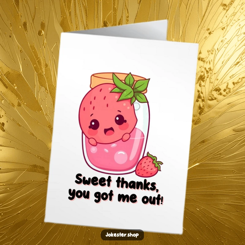 Funny Free Printable Thank You Card: A cheerful strawberry character looking surprised, stuck in a jam jar, a funny and sweet thank you.