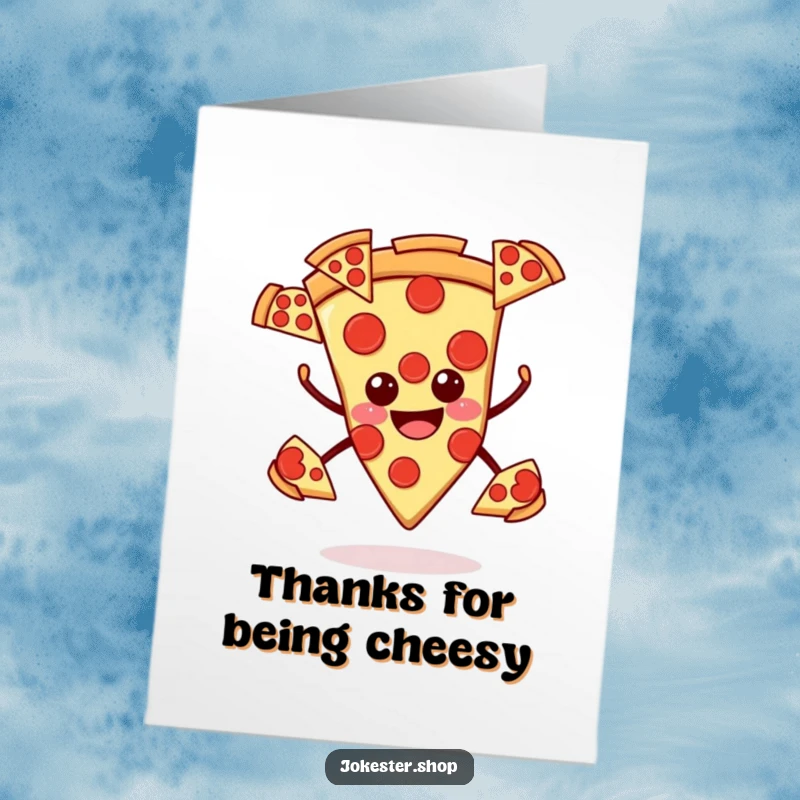 Funny Free Printable Thank You Card: Smiling pizza slice juggling pepperoni slices, expressing foodie gratitude.