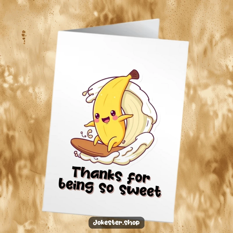 Funny Free Printable Thank You Card: A happy banana surfs a cream wave, sending thanks.