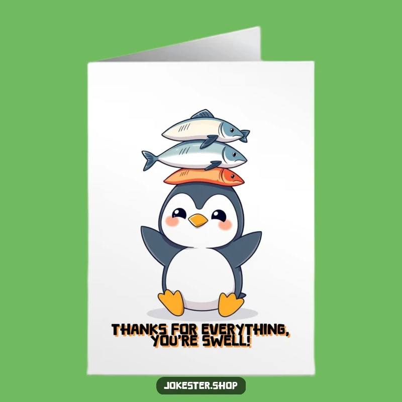 Free Printable Thank You Card: Funny Penguin Fish Stack, Charming Downloadable Greeting