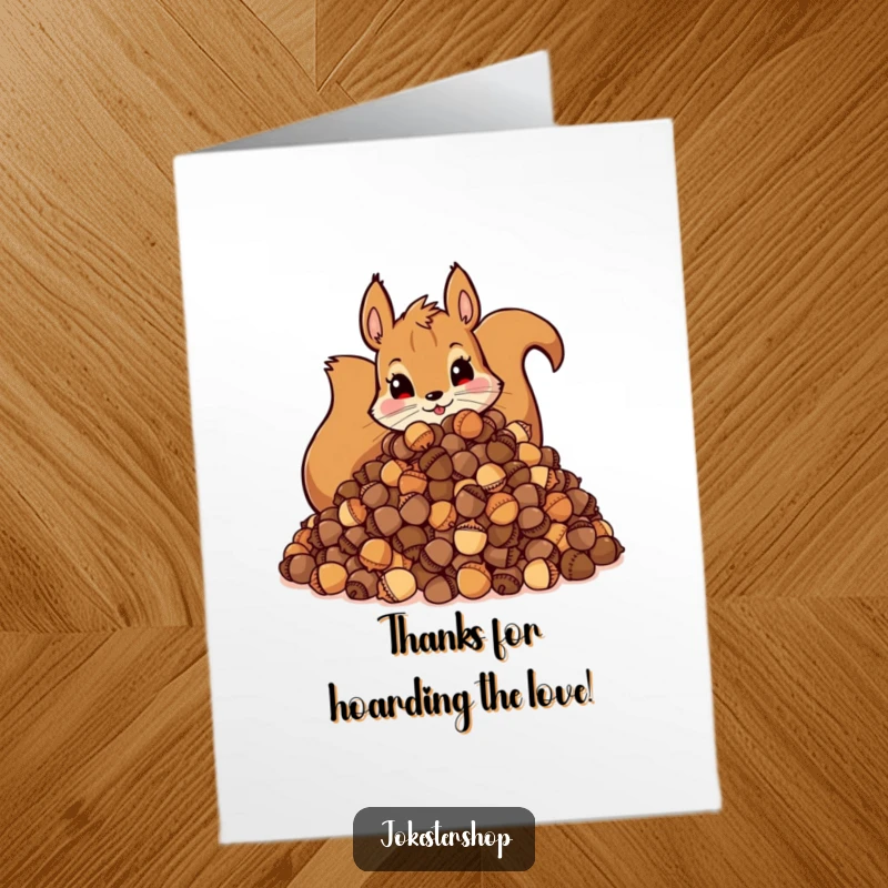 Funny Free Printable Squirrel Thank You Card featuring a mischievous squirrel enthusiastically hoarding acorns.