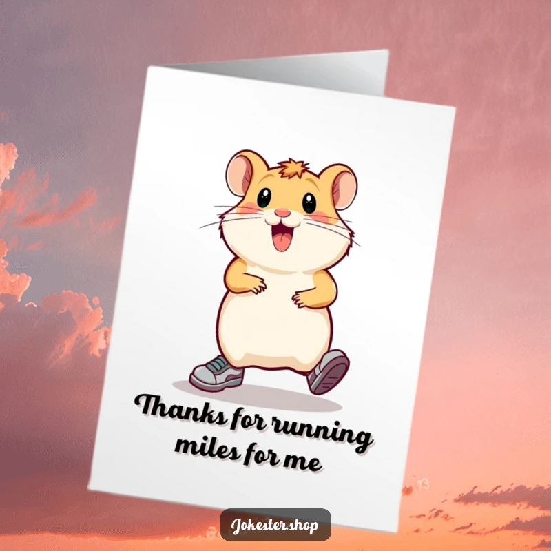 Funny Free Printable Thank You Card with a hamster comically sprinting, showing fast appreciation and gratitude.