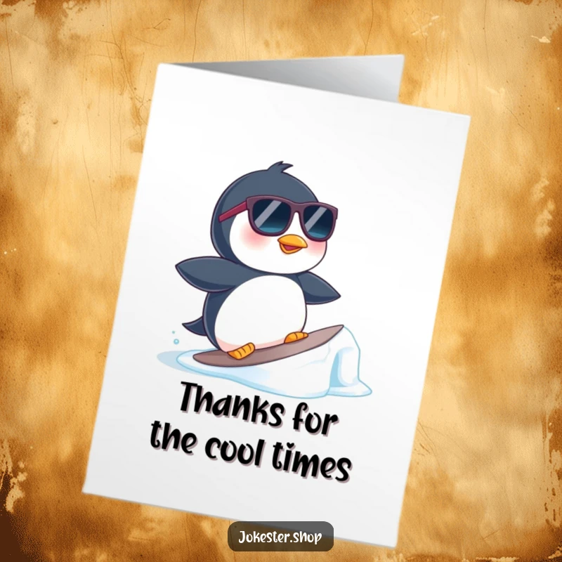 Funny Free Printable Thank You Card: A penguin wearing sunglasses surfs an ice floe, offering cool thanks.