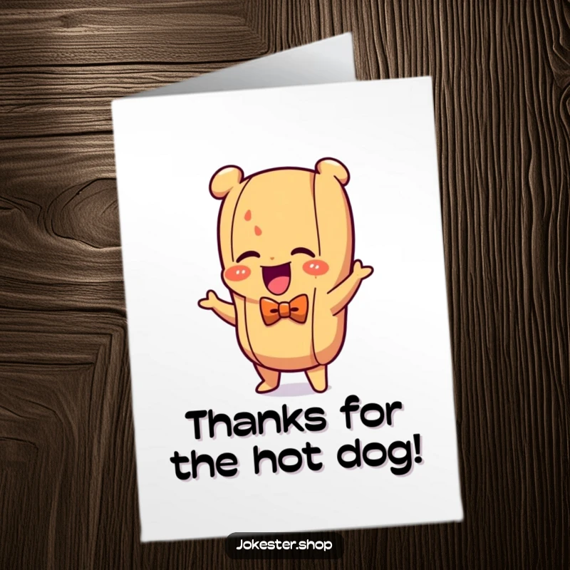 Funny Free Printable Thank You Card: A giggling hot dog in a tiny bow tie performs a happy dance to say thanks.